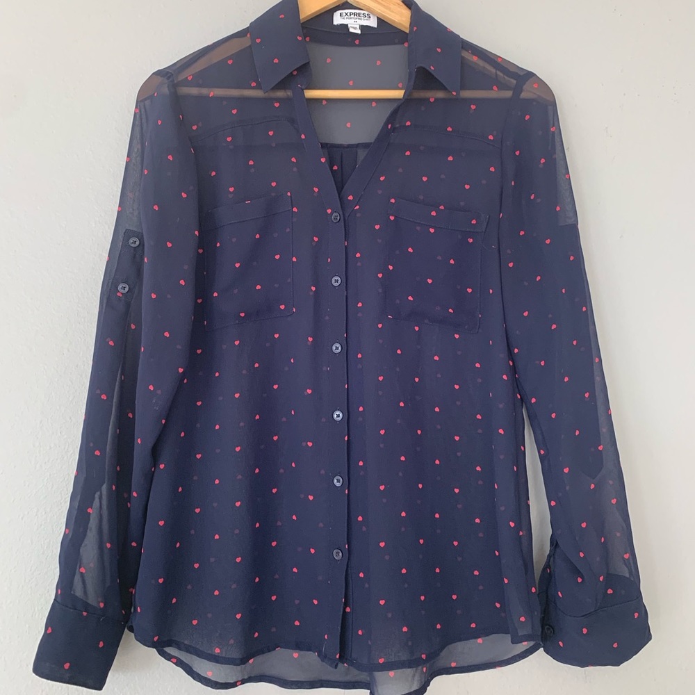 💕Sheer Express Button Up with pink heart 💕